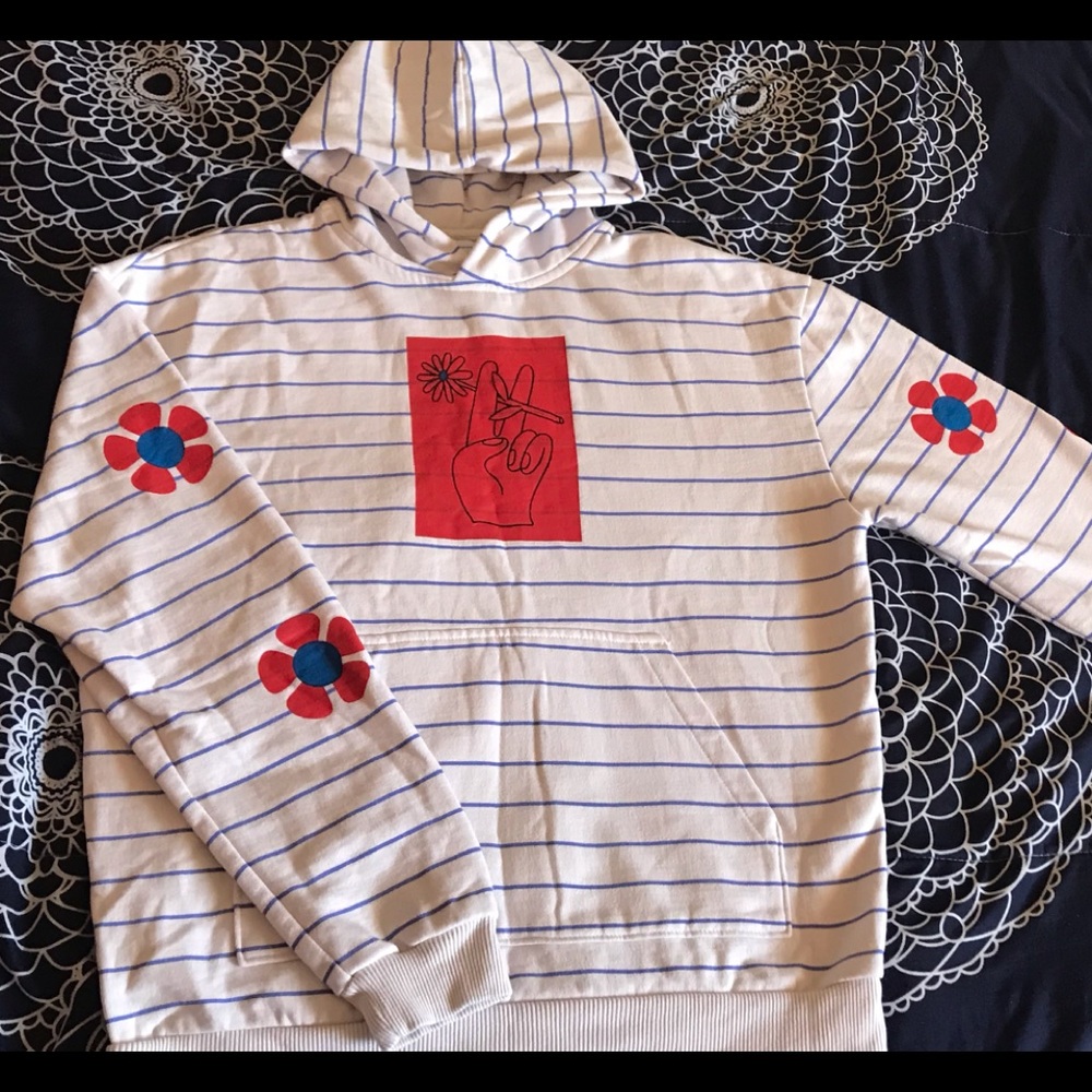 Urban Outfitters White and Blue Striped Hoodie with Red Graphic